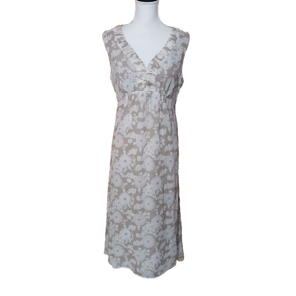Liz Claiborne Silk Beige White Floral Sleeveless Tie Back Midi Dress Size 10